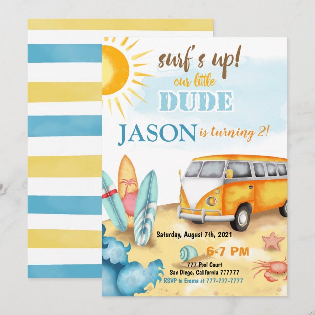 Invitation d'anniversaire du surf (Devant / Derrière)