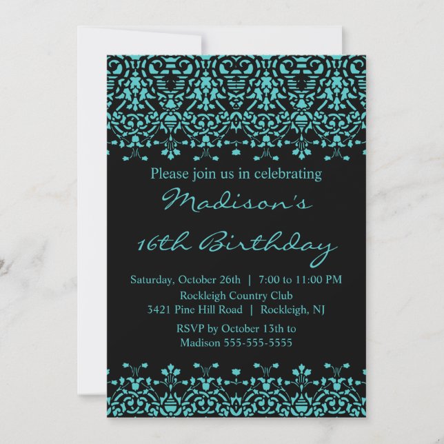 Invitation d'anniversaire du Sweet sixteen Damas T (Devant)