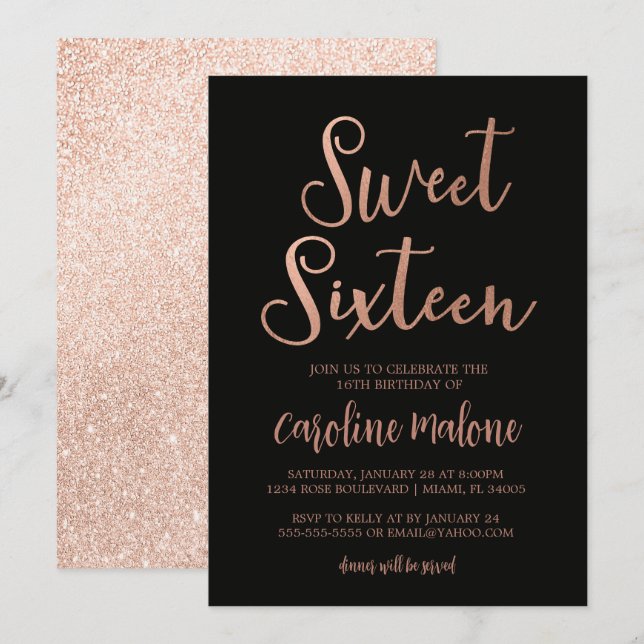 Invitation d'anniversaire du Sweet sixteen d'or ro (Devant / Derrière)