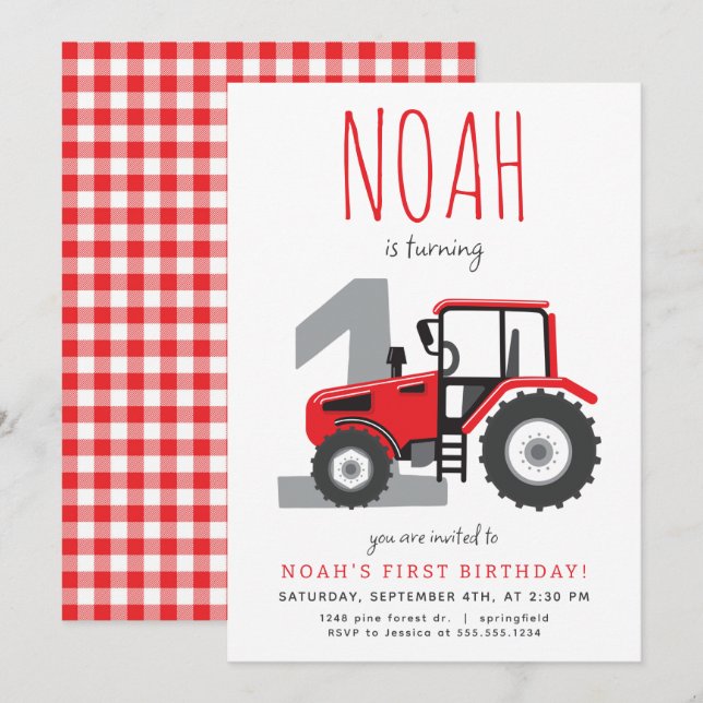 Invitation d'anniversaire du tracteur rouge (Devant / Derrière)