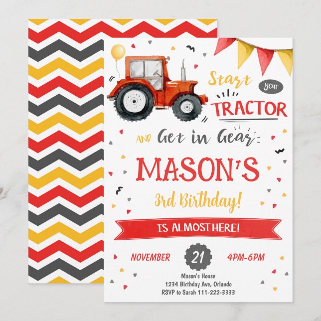 Invitation d'anniversaire du tracteur rouge (Devant / Derrière)