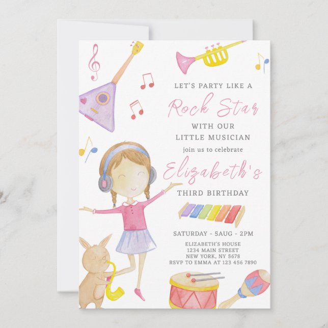 Invitation d'anniversaire d'une fille musicienne (Devant)