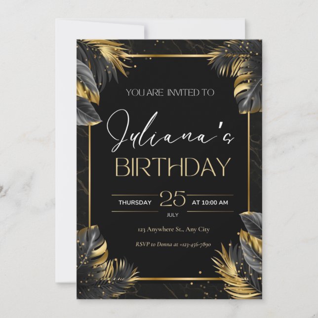 Invitation d'Anniversaire Elegant Noir et Or (Devant)