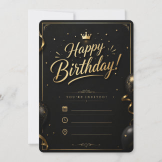 Invitation d'anniversaire élégante noire et or | L