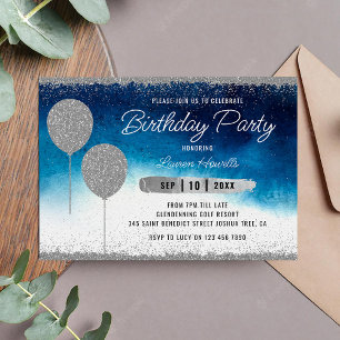 Invitation d'anniversaire en argent et bleu
