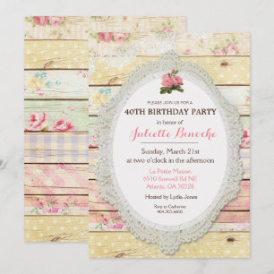 Invitation d'anniversaire en bois floral shabby ch