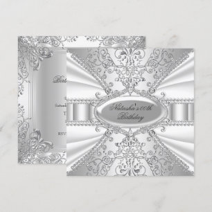 Invitation d'anniversaire en damas argenté et blan