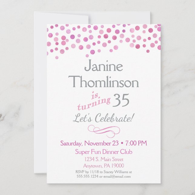 Invitation d'anniversaire en gris rose Confetti Aq (Devant)
