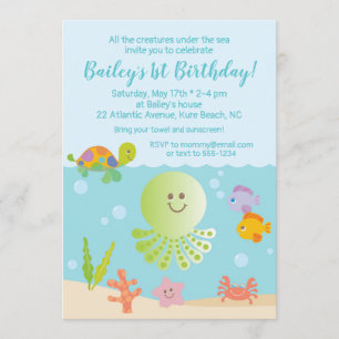 Invitation d'anniversaire en mer en bleu et vert