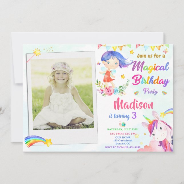 Invitation d'anniversaire Fairy and Unicorn avec p (Devant)