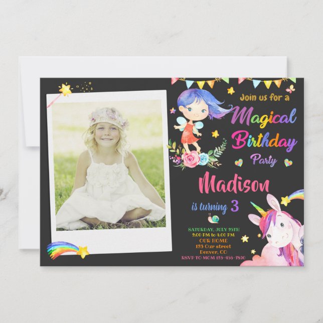 Invitation d'anniversaire Fairy and Unicorn avec p (Devant)