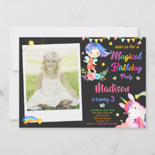 Invitation d'anniversaire Fairy and Unicorn avec p
