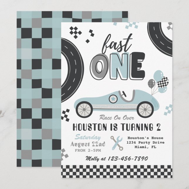 Invitation d'anniversaire Fast ONE | Course Vintag (Devant / Derrière)