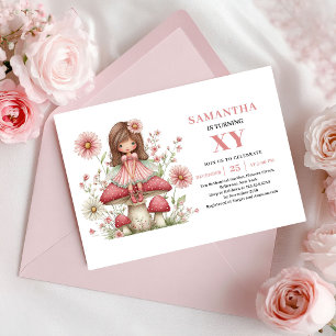 Invitation d'anniversaire Fée Mignonne Fleurs Rose