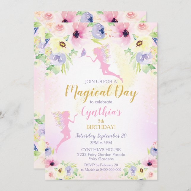 Invitation d'anniversaire Fée Rose Jardin de Fées (Devant / Derrière)