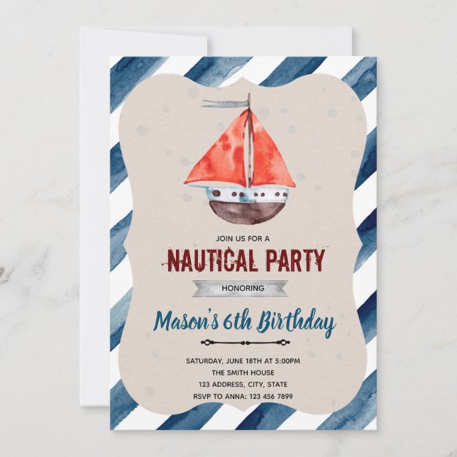 Invitation d'anniversaire fête bateau nautique (Devant)