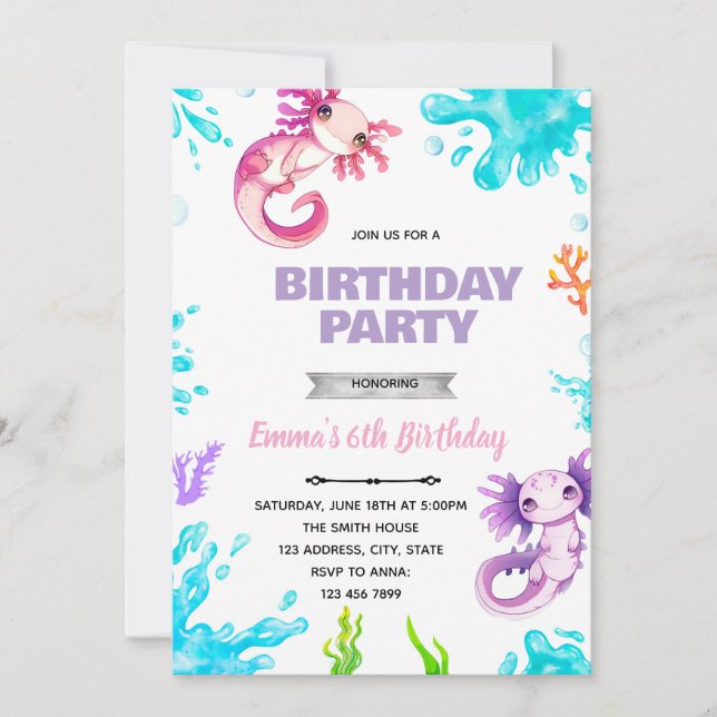 Invitation d'anniversaire fille Axolotl (Devant)
