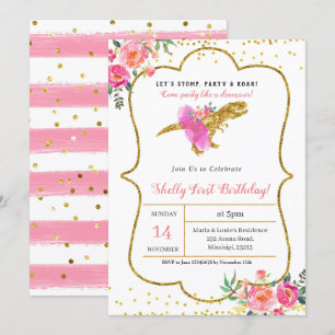Invitation d'anniversaire FILLE DINOSAURE Or Rose