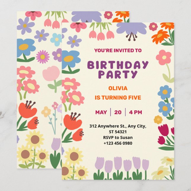 Invitation d'anniversaire Fille Fleur Pastel Flora (Devant / Derrière)