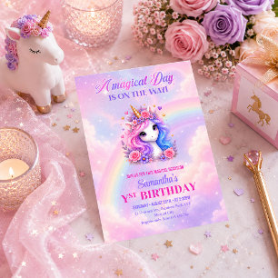 Invitation d'anniversaire fille licorne rose viole