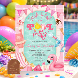 Invitation d'anniversaire Fille Rose Piscine fête