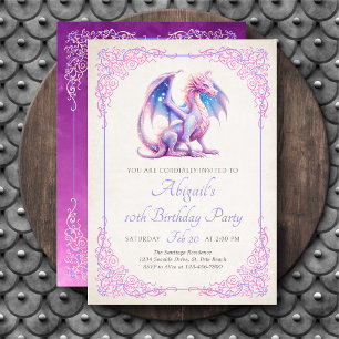 Invitation d'anniversaire Filles Dragon Rose Viole