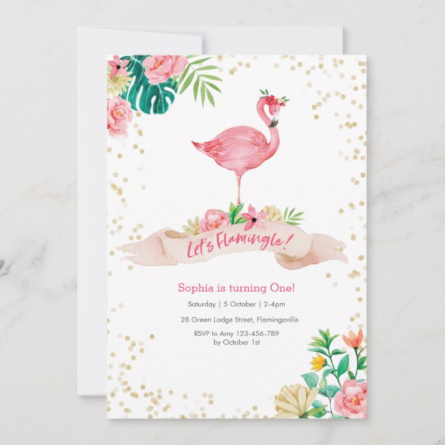 Invitation d'anniversaire Flamant rose Tropical (Devant)