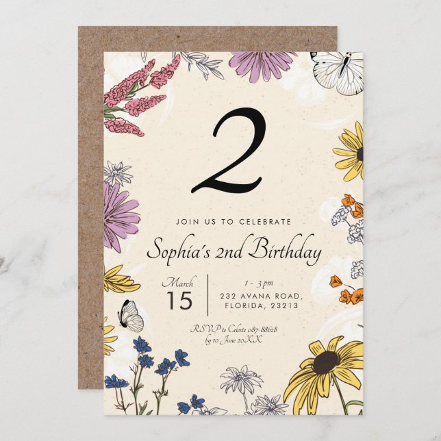 Invitation d'anniversaire fleur sauvage (Devant / Derrière)