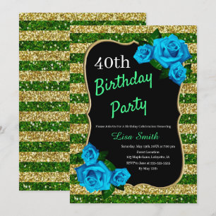Invitation d'anniversaire Fleurs Bleues Pailletées