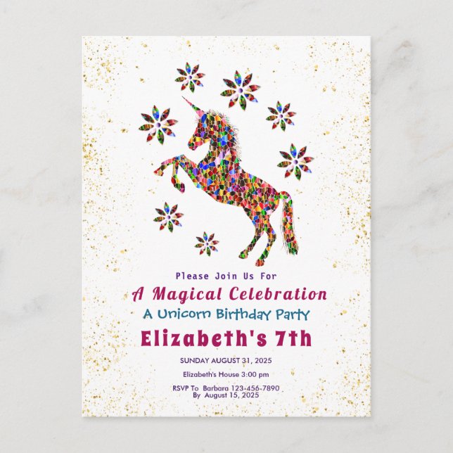 Invitation d'anniversaire Fleurs de Licorne Magiqu (Devant)