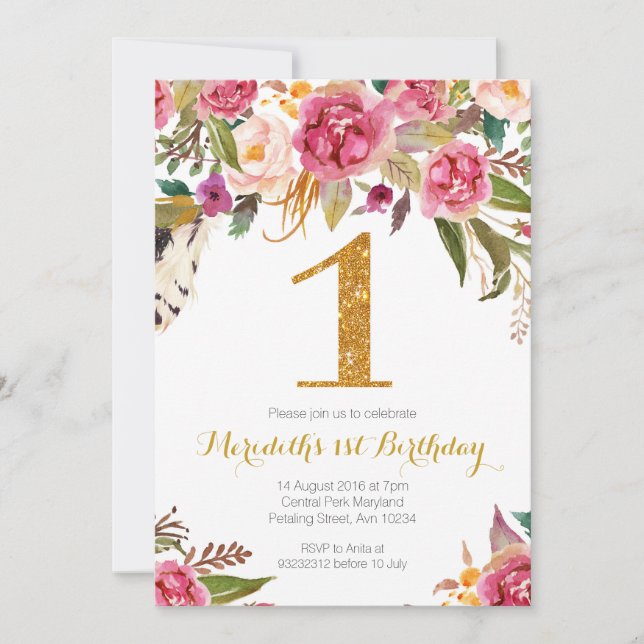 Invitation d'anniversaire Floral et Gold First Bir (Devant)