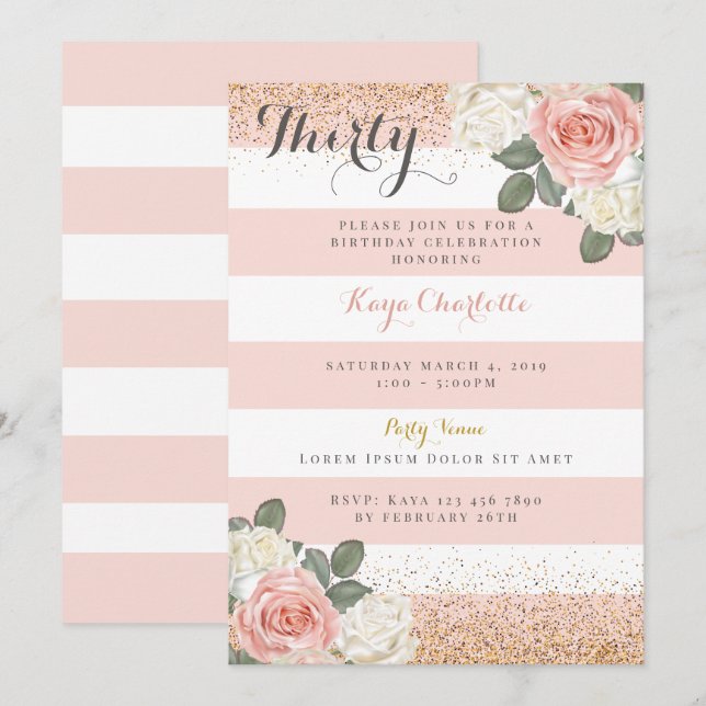 Invitation d'anniversaire Floral Rose pour femmes (Devant / Derrière)