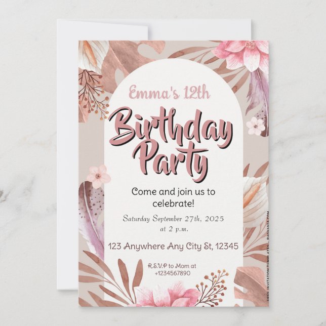 Invitation d'anniversaire florale (Devant)