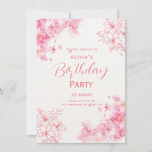 Invitation d'anniversaire florale aquarelle rose