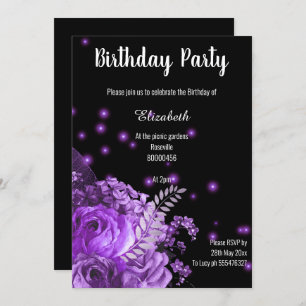 INVITATION D'ANNIVERSAIRE FLORALE NOIR PURPLE ÉLÉG