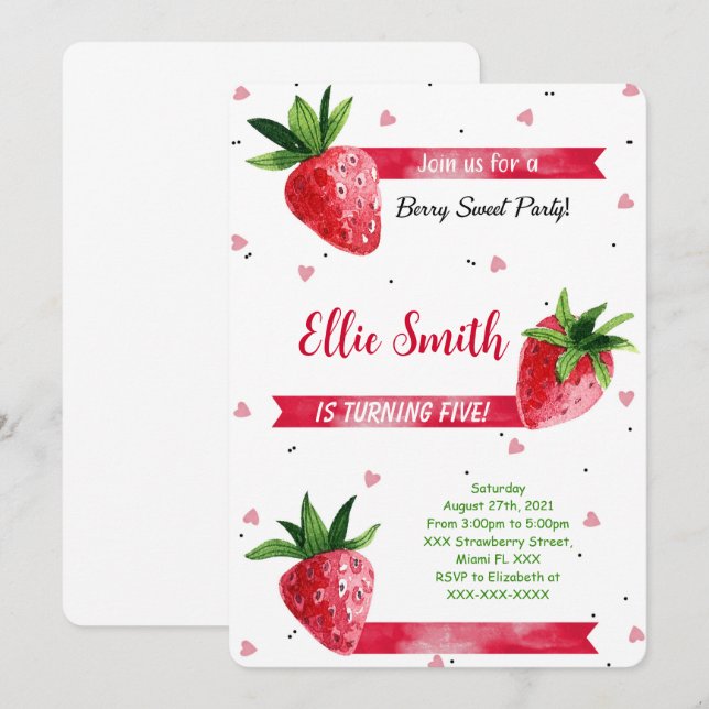 Invitation d'anniversaire fraise (Devant / Derrière)
