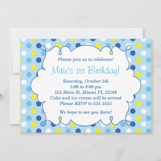 Invitation d'anniversaire garçon Pois bleu jaune (Devant)
