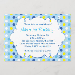 Invitation d'anniversaire garçon Pois bleu jaune