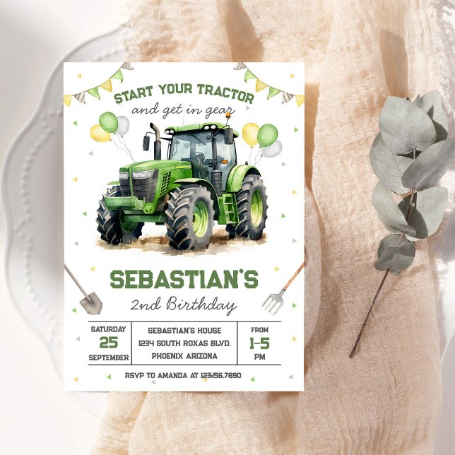 Invitation d'anniversaire garçon tracteur vert (Créateur téléchargé)