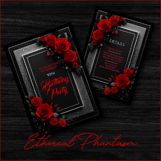 Invitation d'anniversaire Glamour Noir Roses Rouge