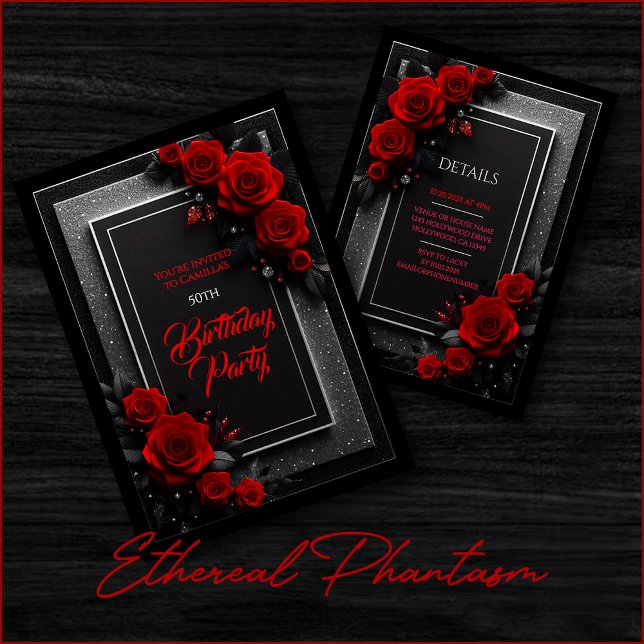 Invitation d'anniversaire Glamour Noir Roses Rouge (red black silver roses glitter birthday party wedding bridal elegant floral dark moody invitation.)