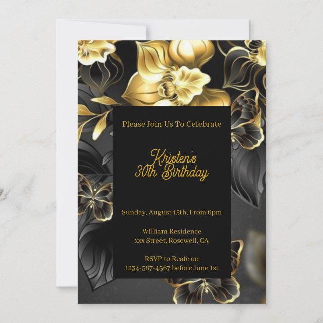 Invitation d'anniversaire Gold Floral (Devant)