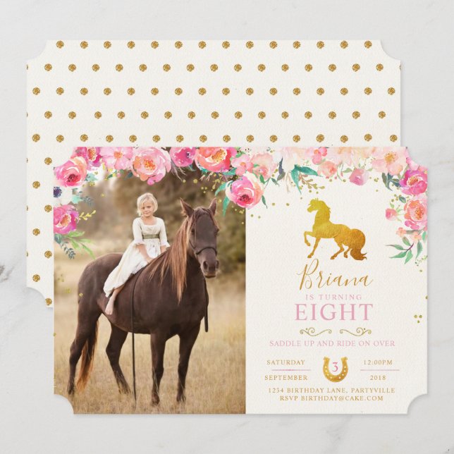 Invitation d'anniversaire Gold Horse & Floral Phot (Devant / Derrière)