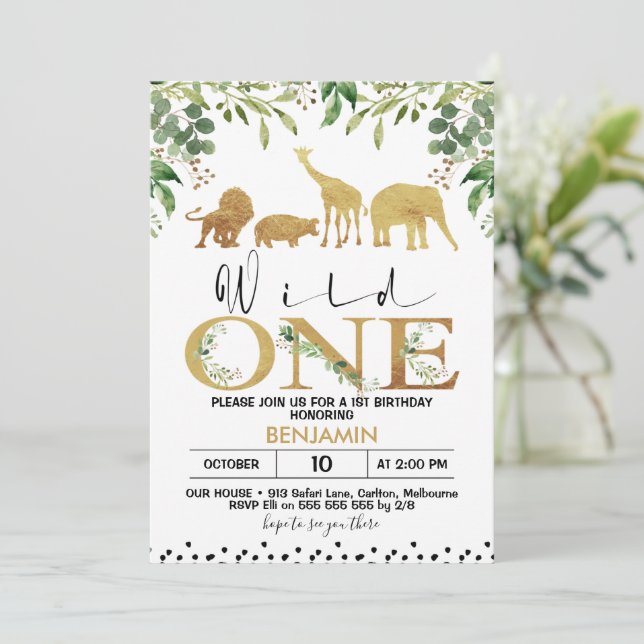 Invitation d'anniversaire Gold Wild One Safari Ani (Debout devant)