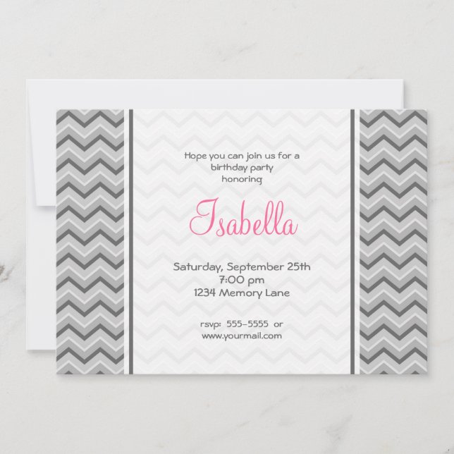 Invitation d'anniversaire Gray & Pink Chevron (Devant)