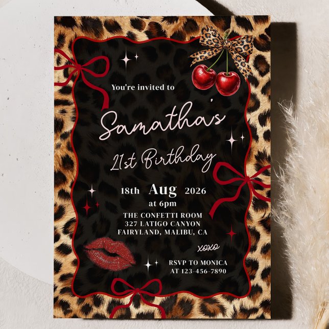 Invitation d'anniversaire Guépard Léopard Cerises (Créateur téléchargé)