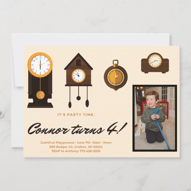 Invitation d'anniversaire - Horloges pour enfants; (Devant)