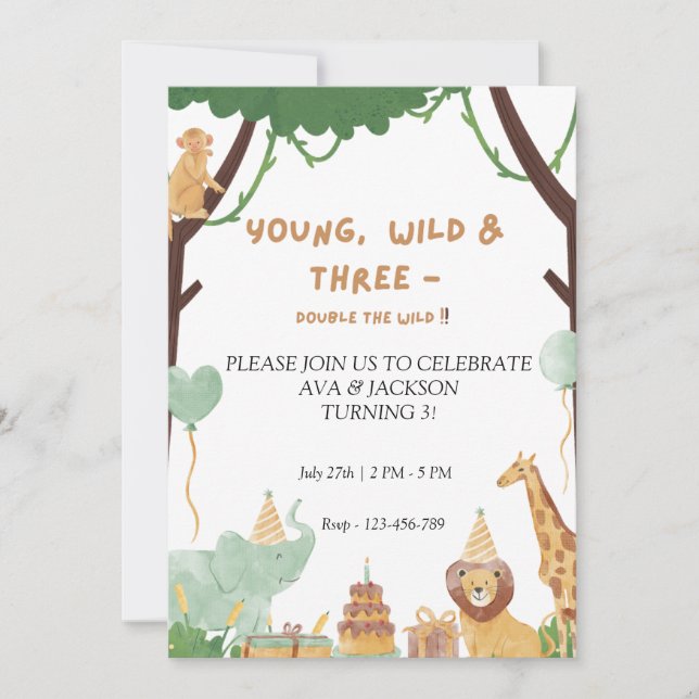 Invitation d'anniversaire Jeune, Sauvage et Trois (Devant)