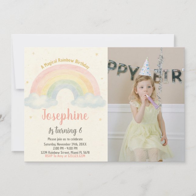 Invitation d'anniversaire joyeuse à arc-en-ciel (Devant)