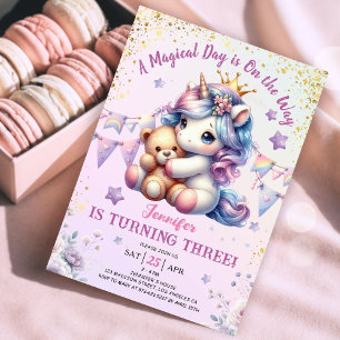Invitation d'anniversaire Licorne 3 ans Fille Rose